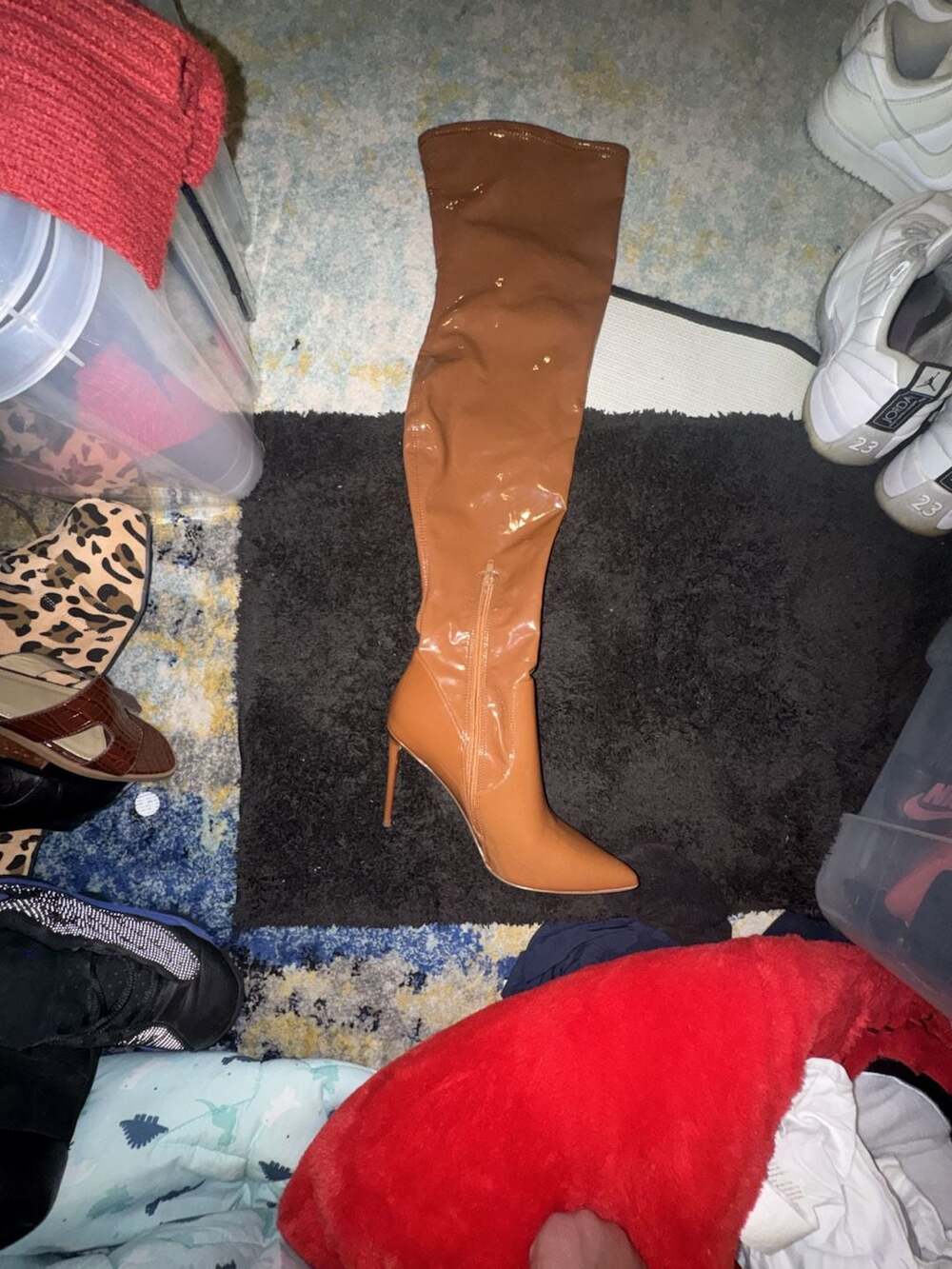 Steve Madden Luisina Cognac Patent Leather Stiletto Over-The-Knee Boots